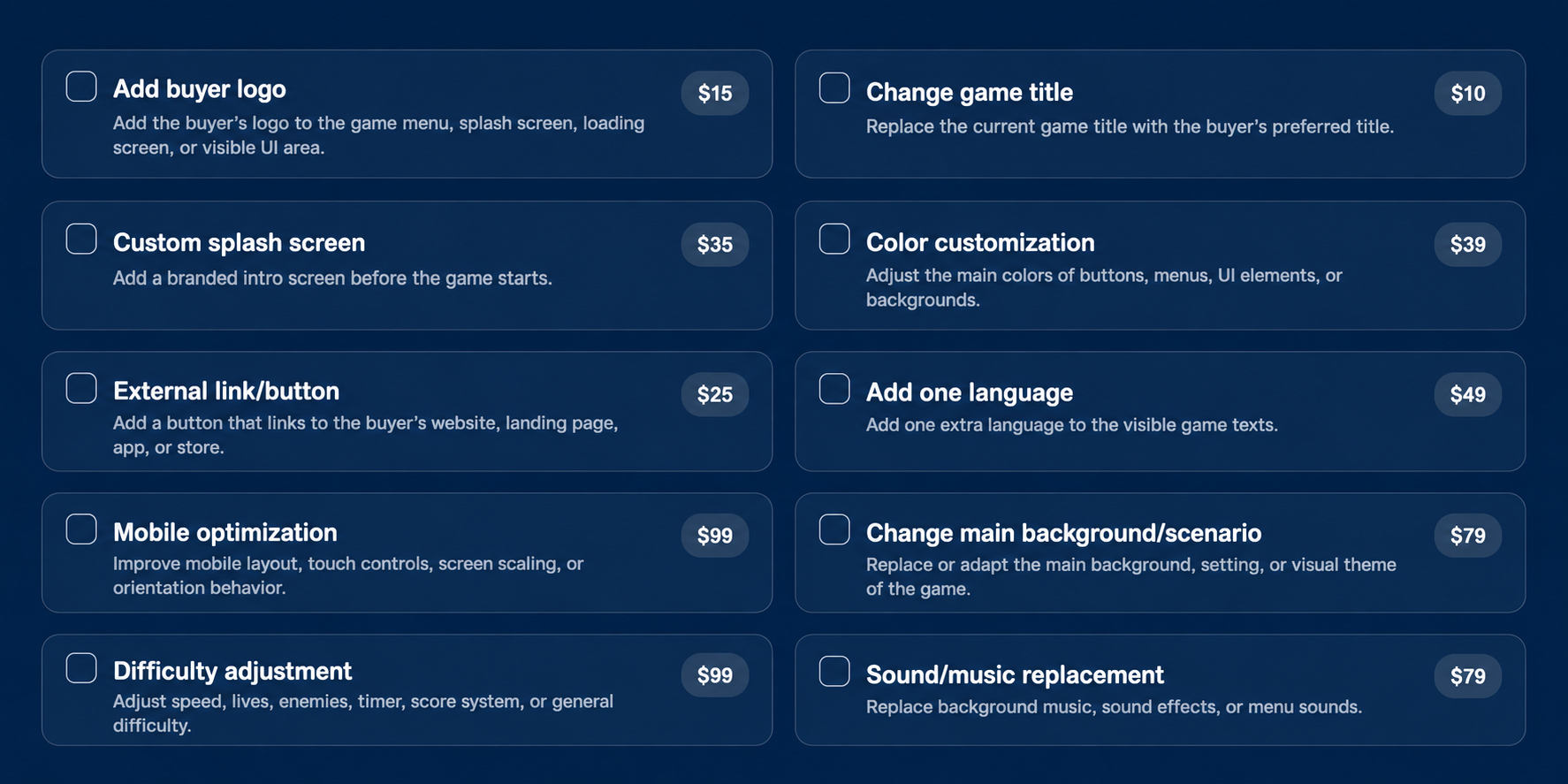Customization options preview